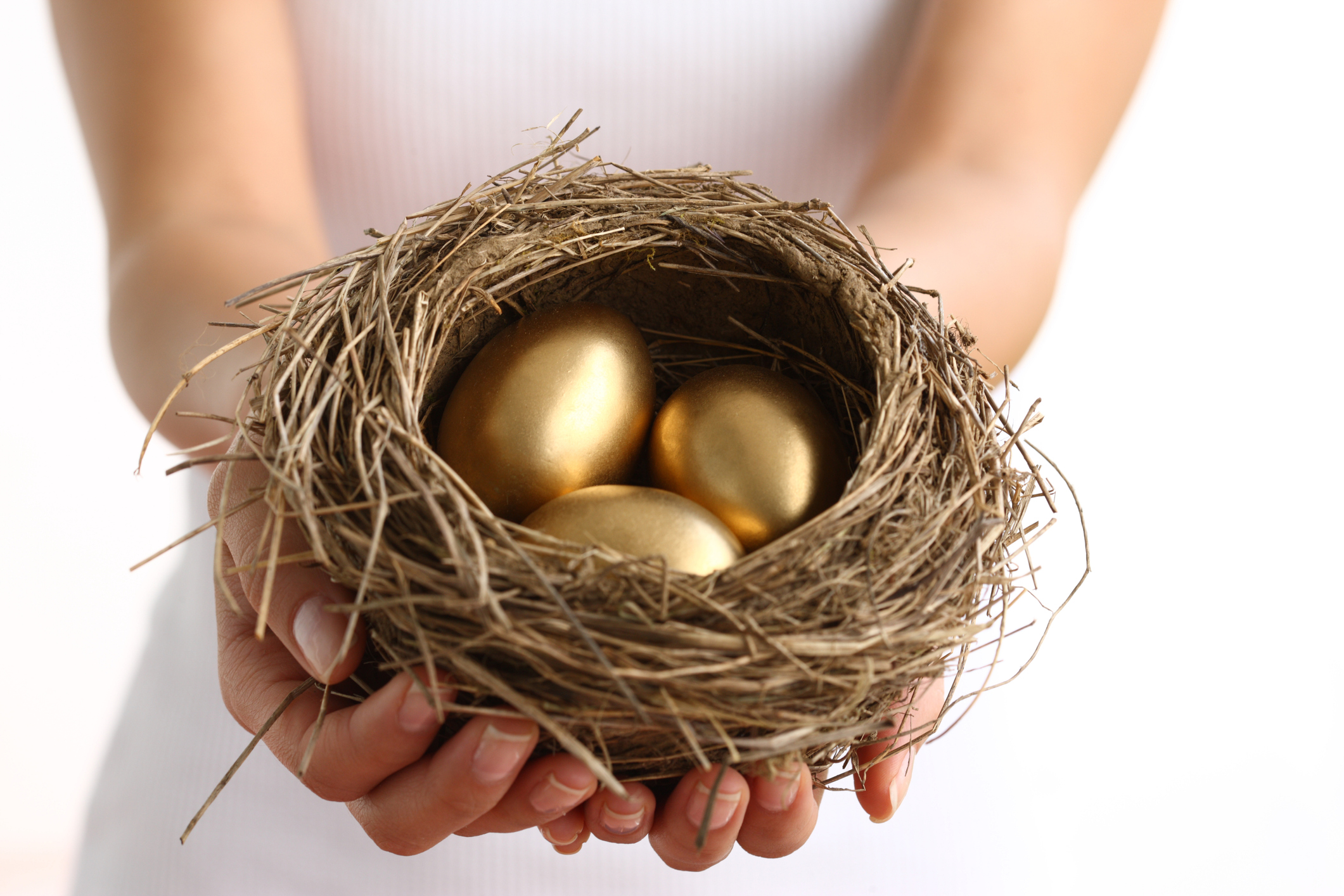 Hands holding nest with golden eggs