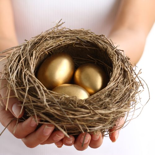 Hands holding nest with golden eggs